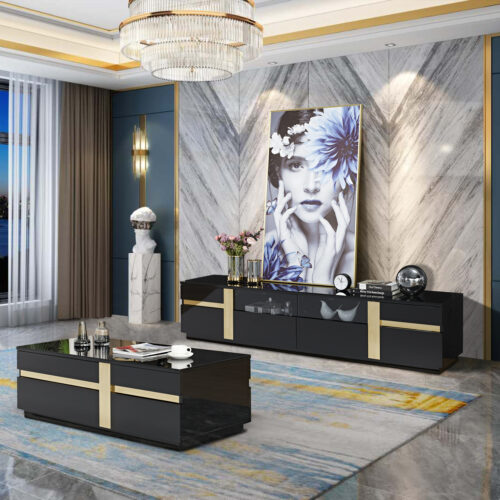 April Black TV Stand in Gloss Black & Gold Metal